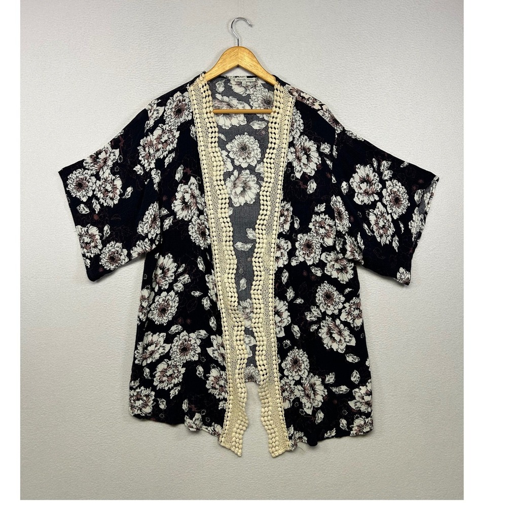 Boho Floral Crochet Charlotte Russe Womens 1X Black White Kimono Cardigan